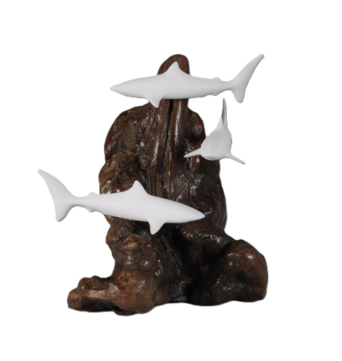 Shark Trio miniature sculpture by John Perry showing three 3 inch sharks circling a coral head