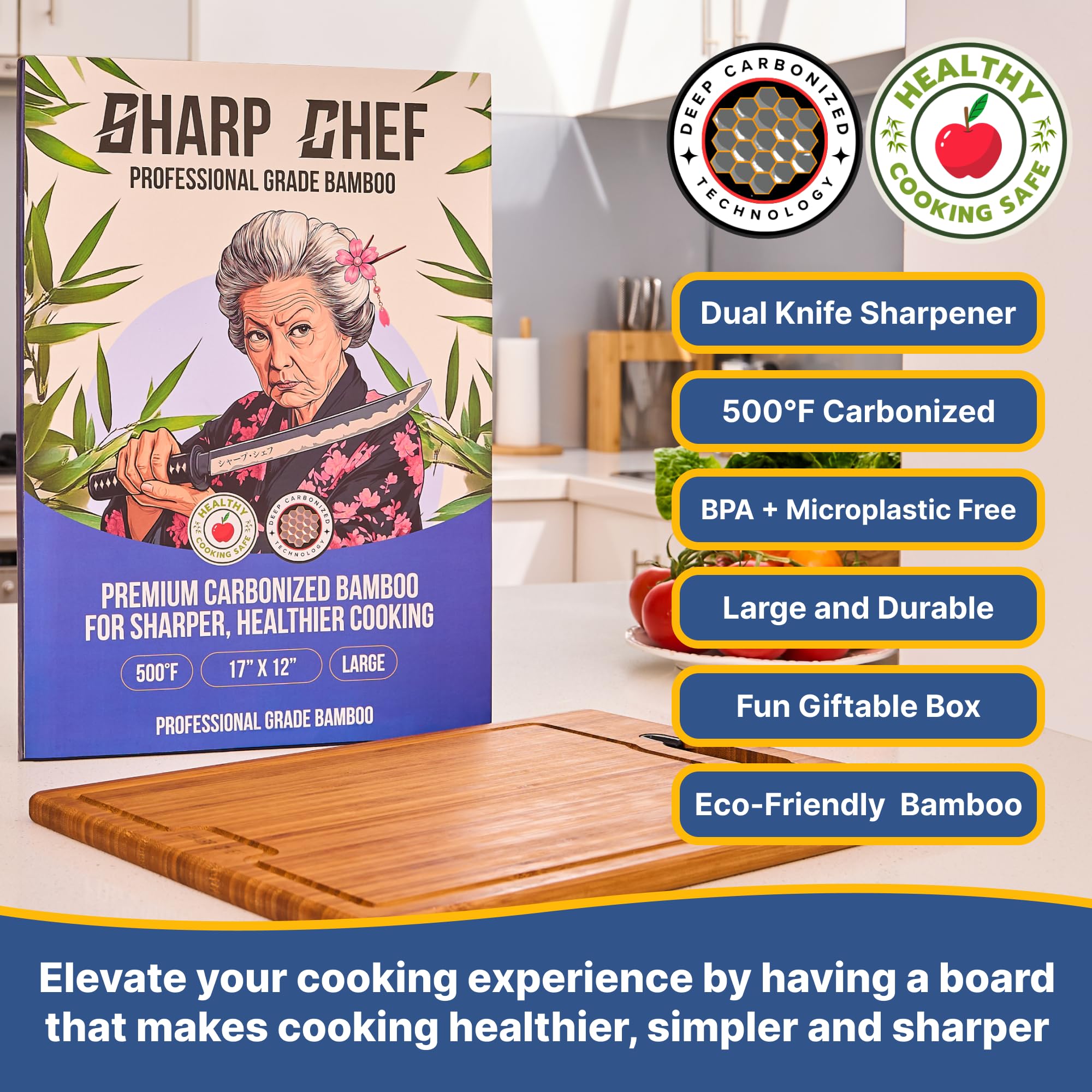 Giftable Sharp Chef bamboo cutting board for kitchen gift