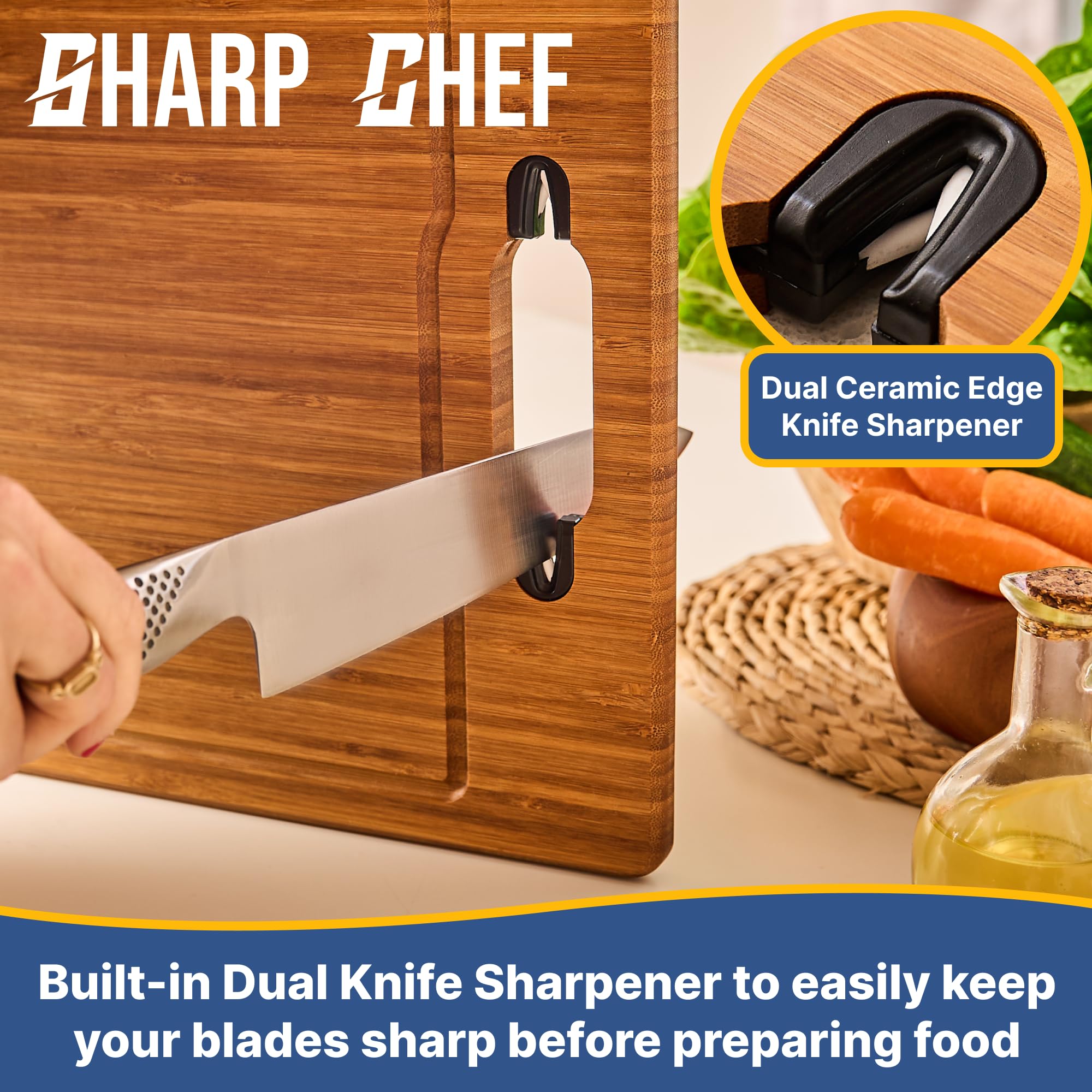 Built in Dual Sharpener on Sharp Chef cutting board