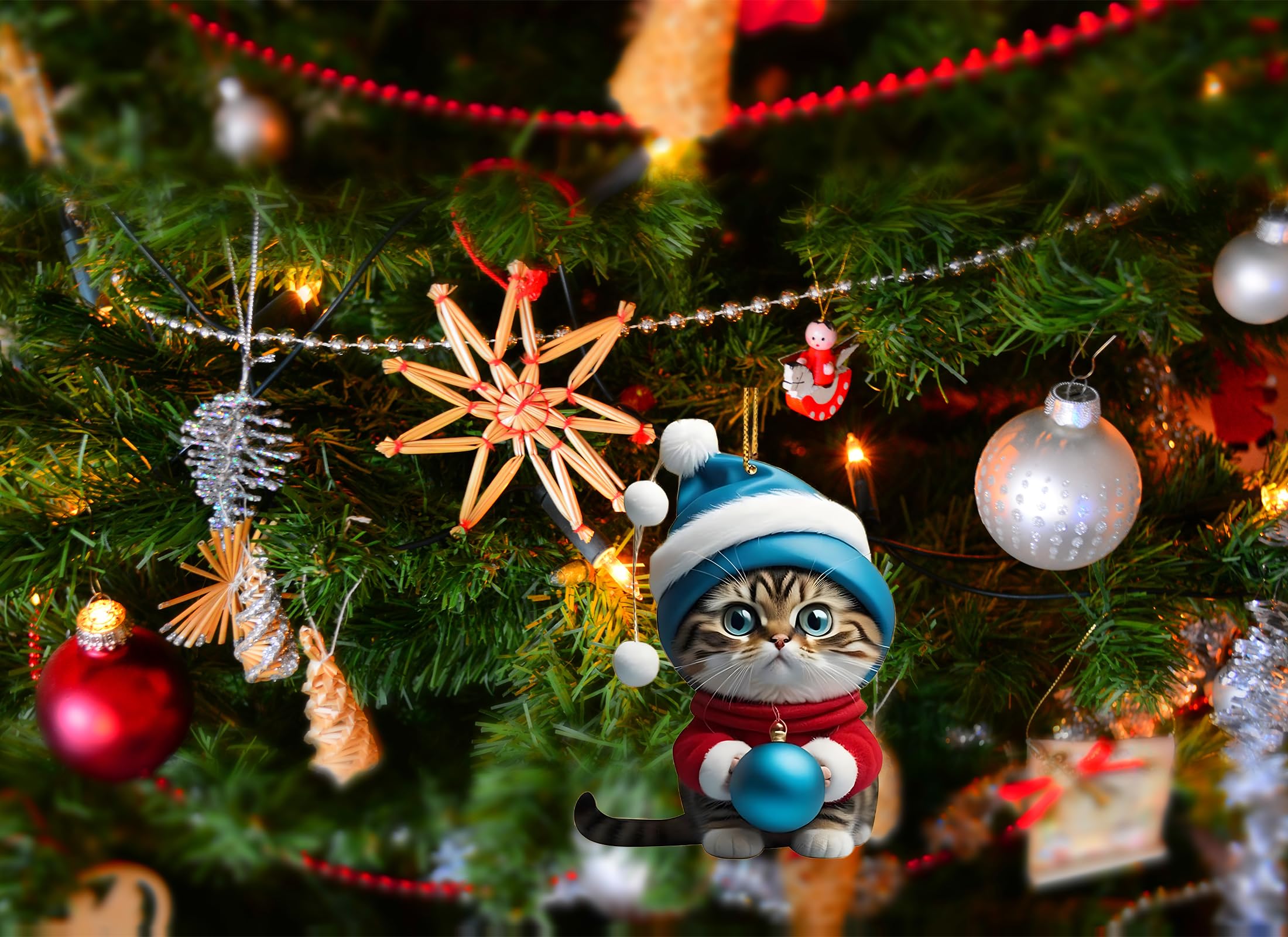 Shatterproof acrylic cat ornament hanging on tree