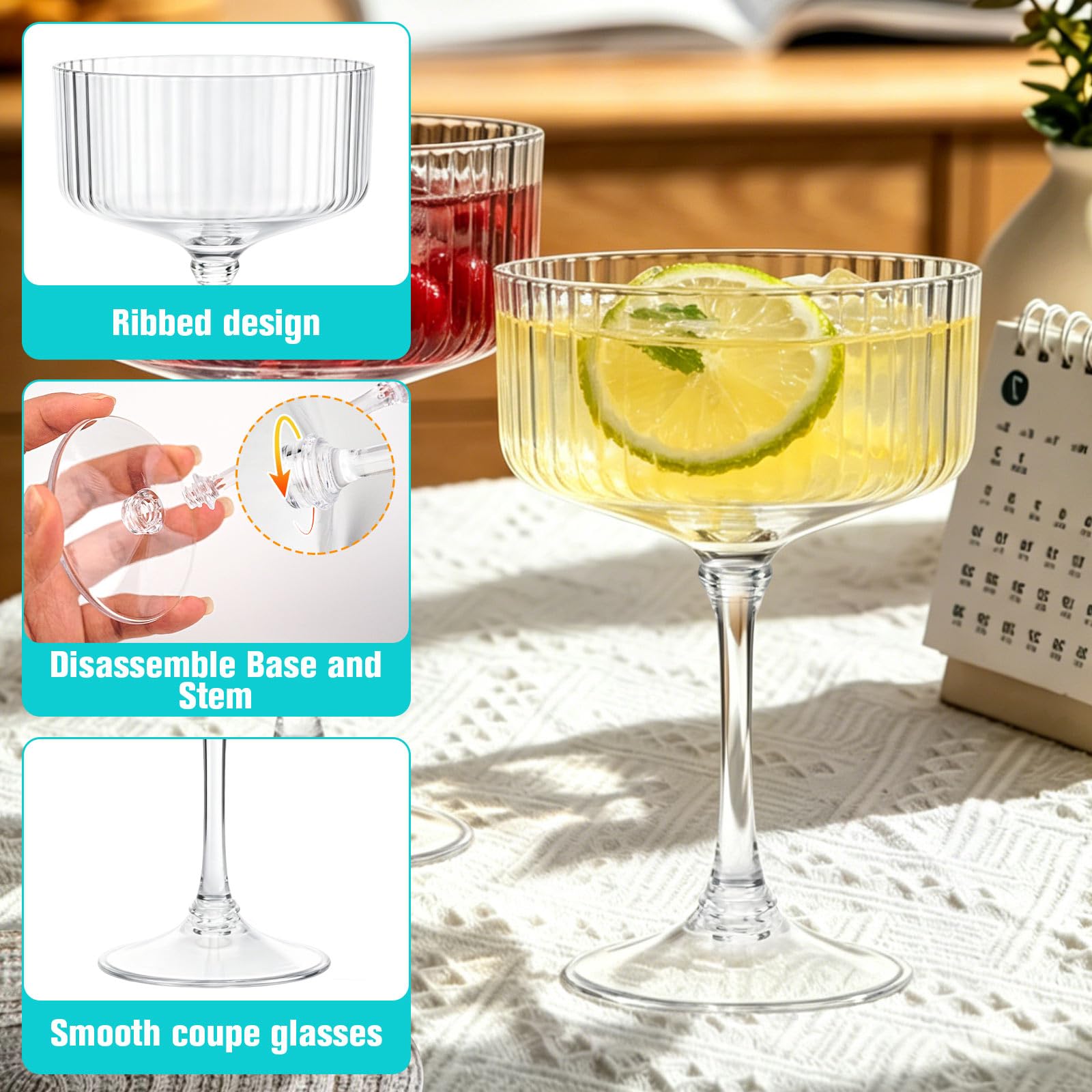 Detachable 3-piece plastic martini glass for storage