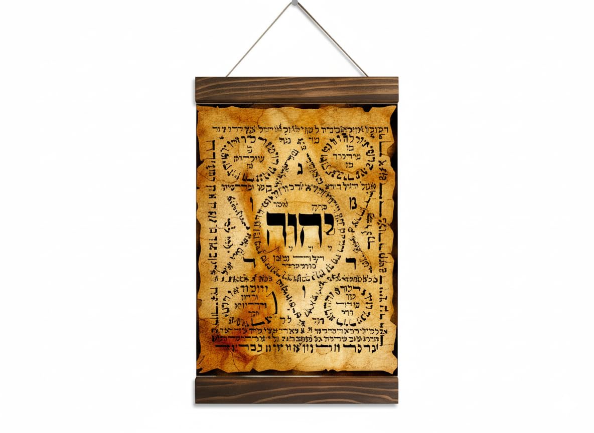Shaviti Hebrew Kabbalah Amulet canvas print with Magen David in brown pine frame