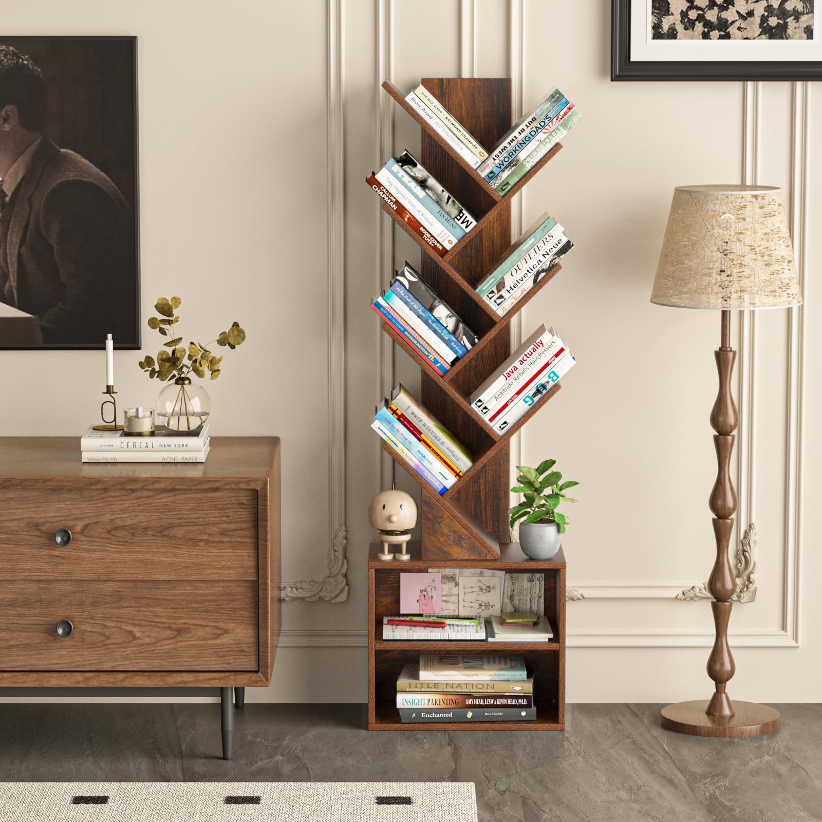 Tall floor standing wood bookcase for narrow spaces