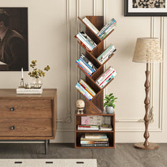 Tall floor standing wood bookcase for narrow spaces