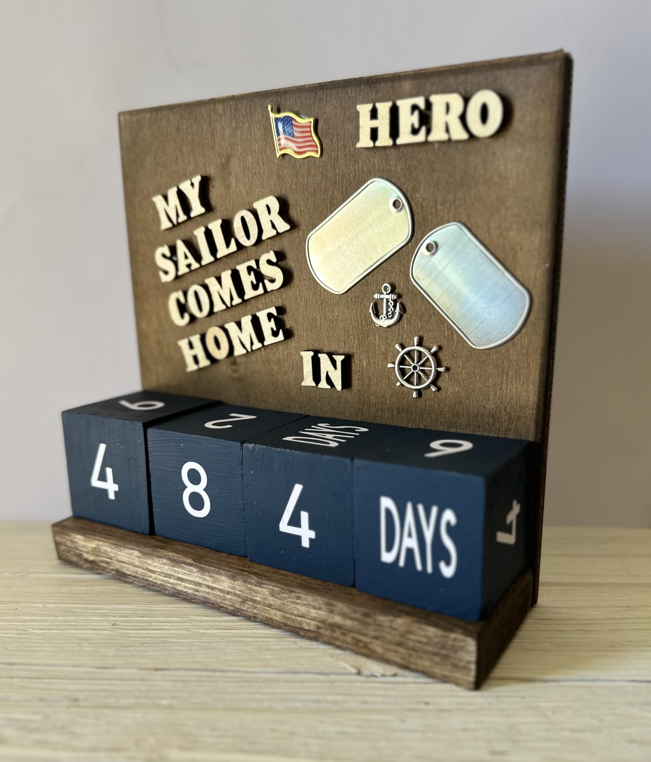 Two inch navy blue wood blocks on countdown calendar