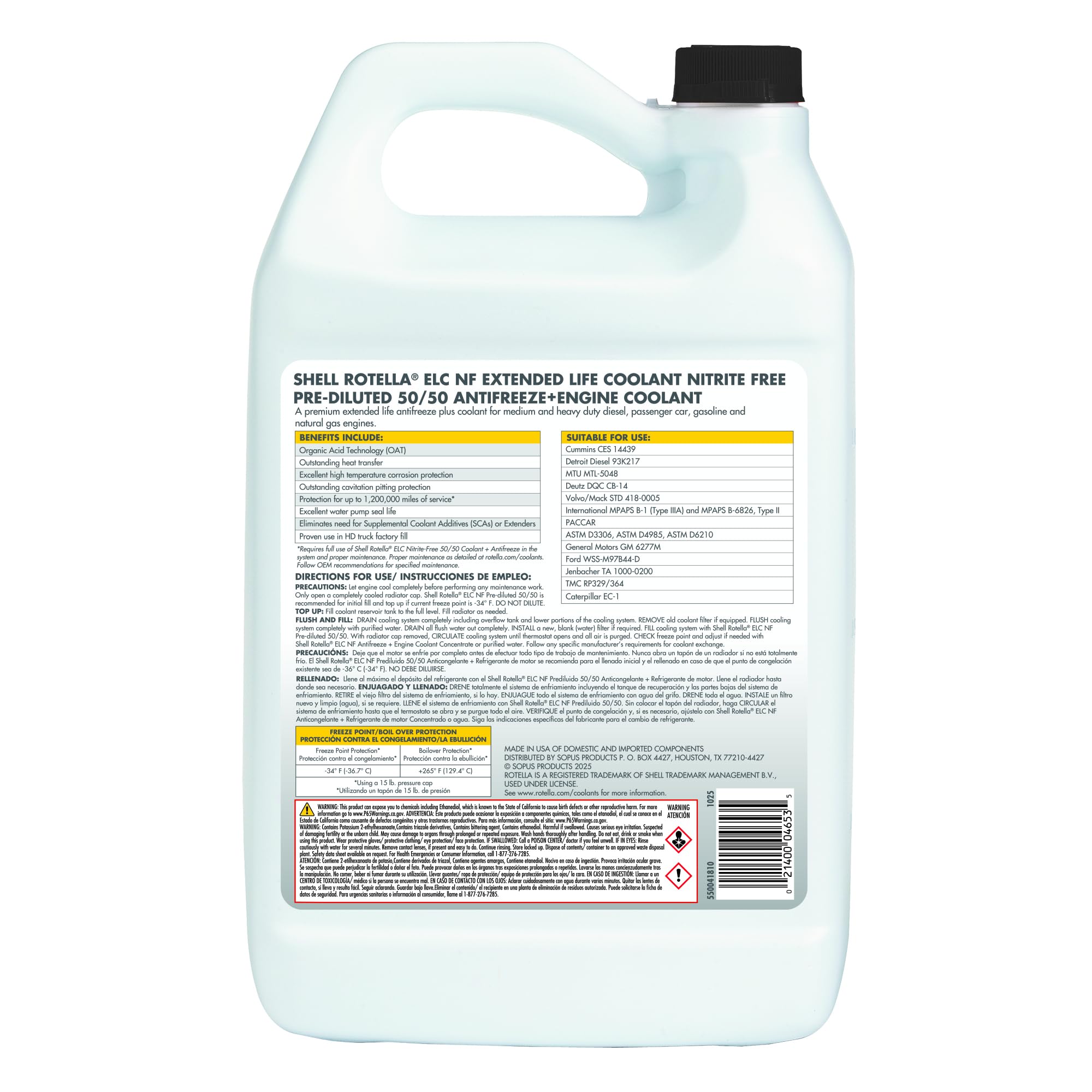 Pre-diluted 50/50 coolant bottle for diesel and gasoline engines