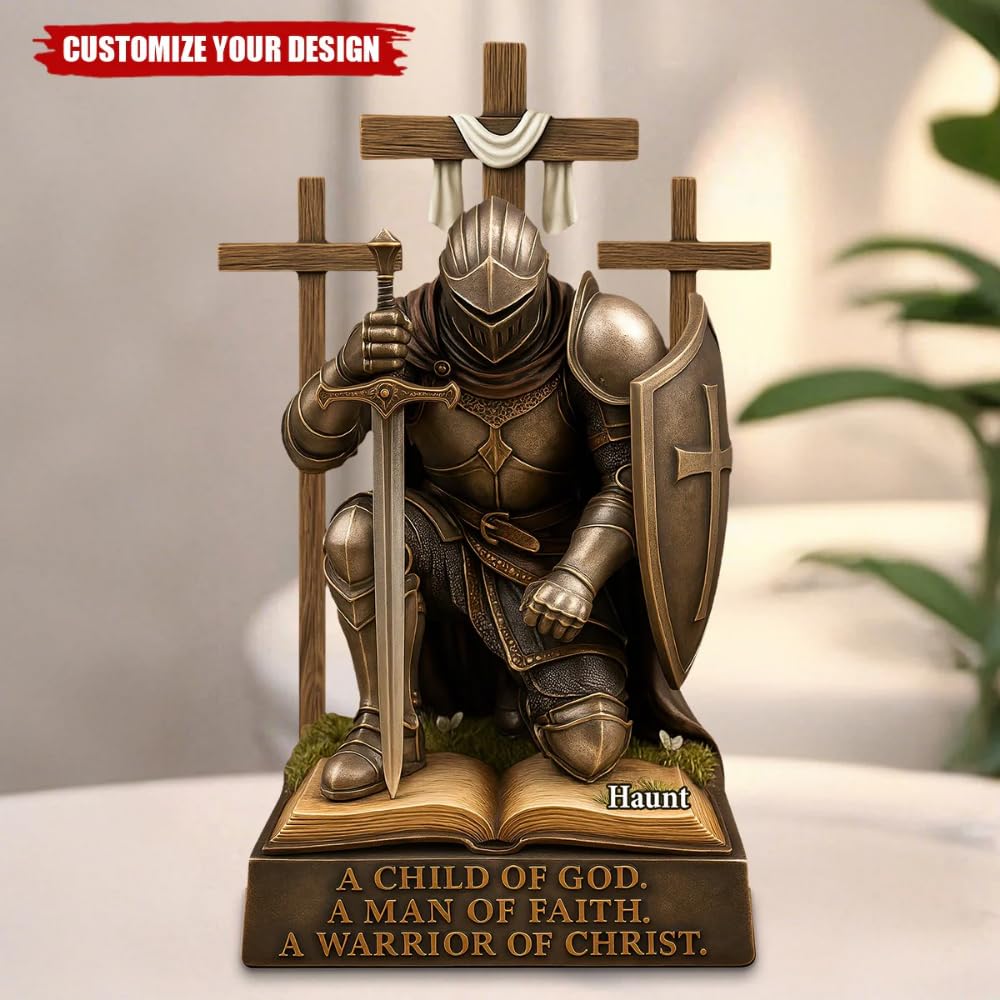 Religious decor plaque featuring knight in armor