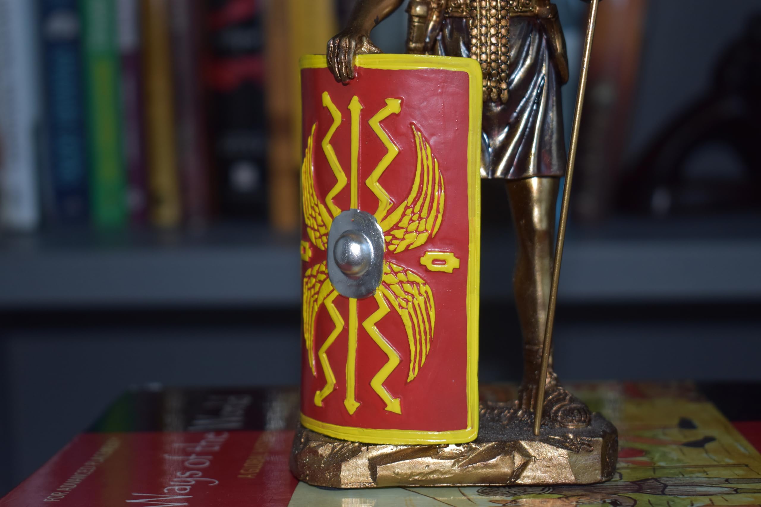 Antique bronze patina finish on centurion statue