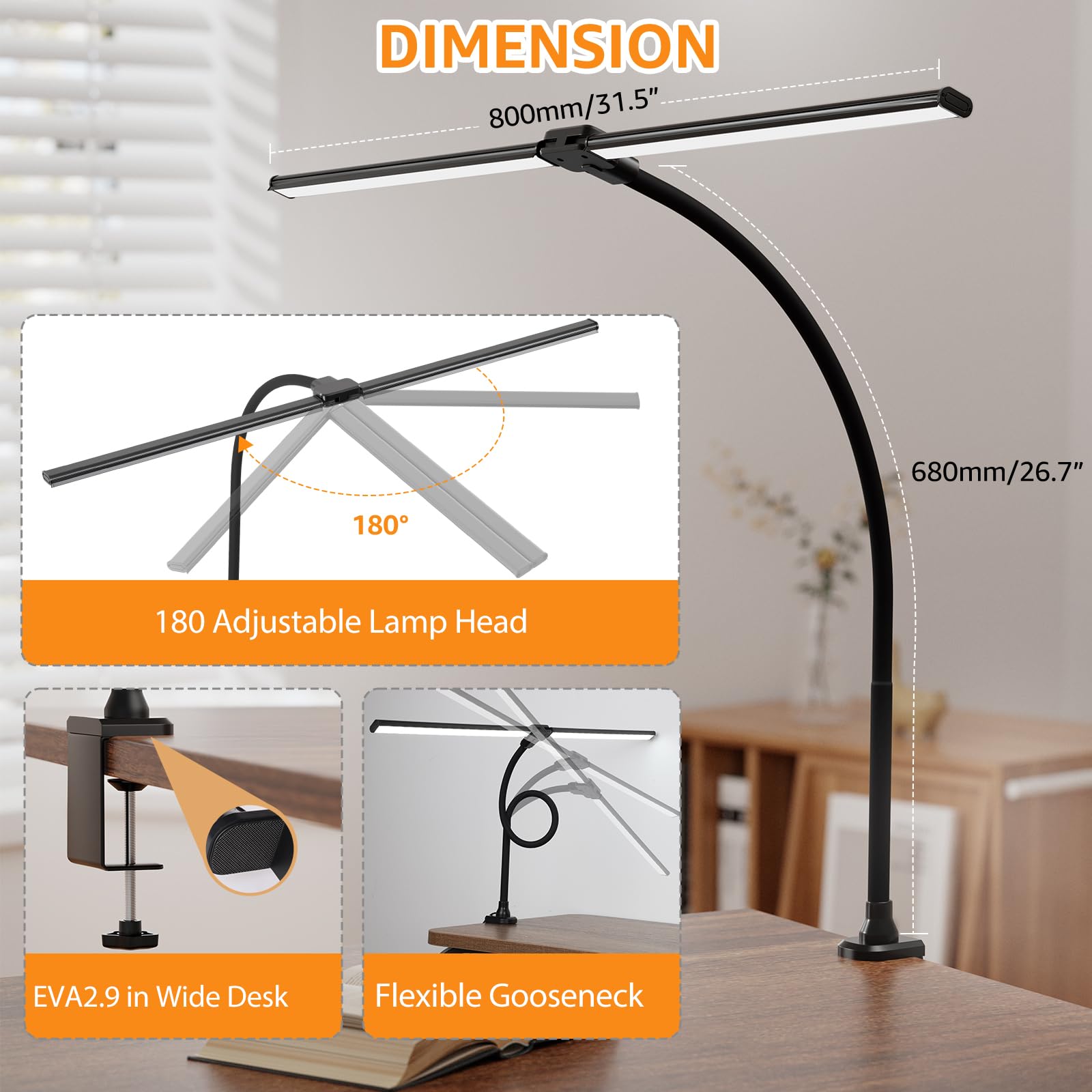 Desks up to 2.9 inches thick with ShineTech lamp clamp