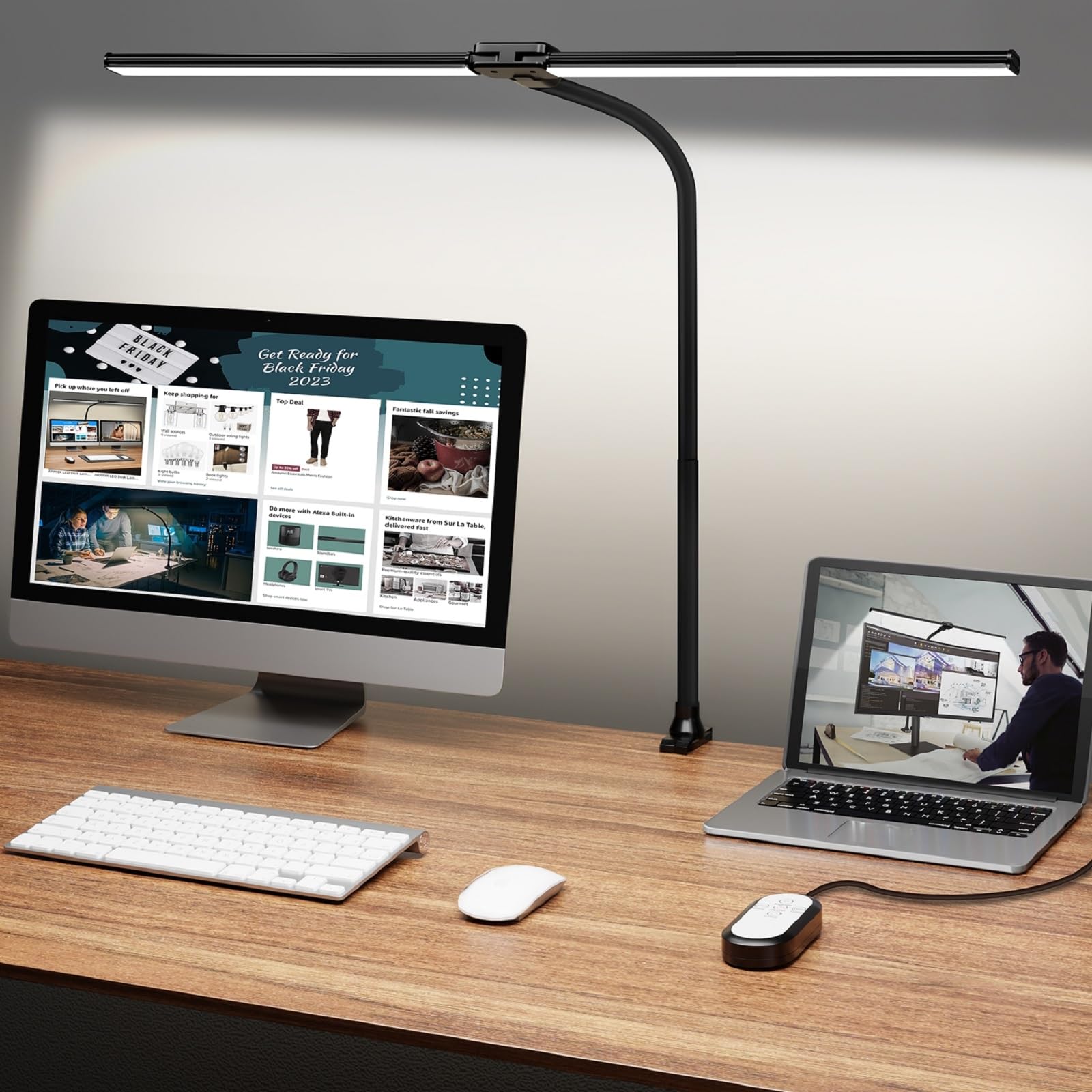 ShineTech LED Desk Lamp in home office setup with dual monitors