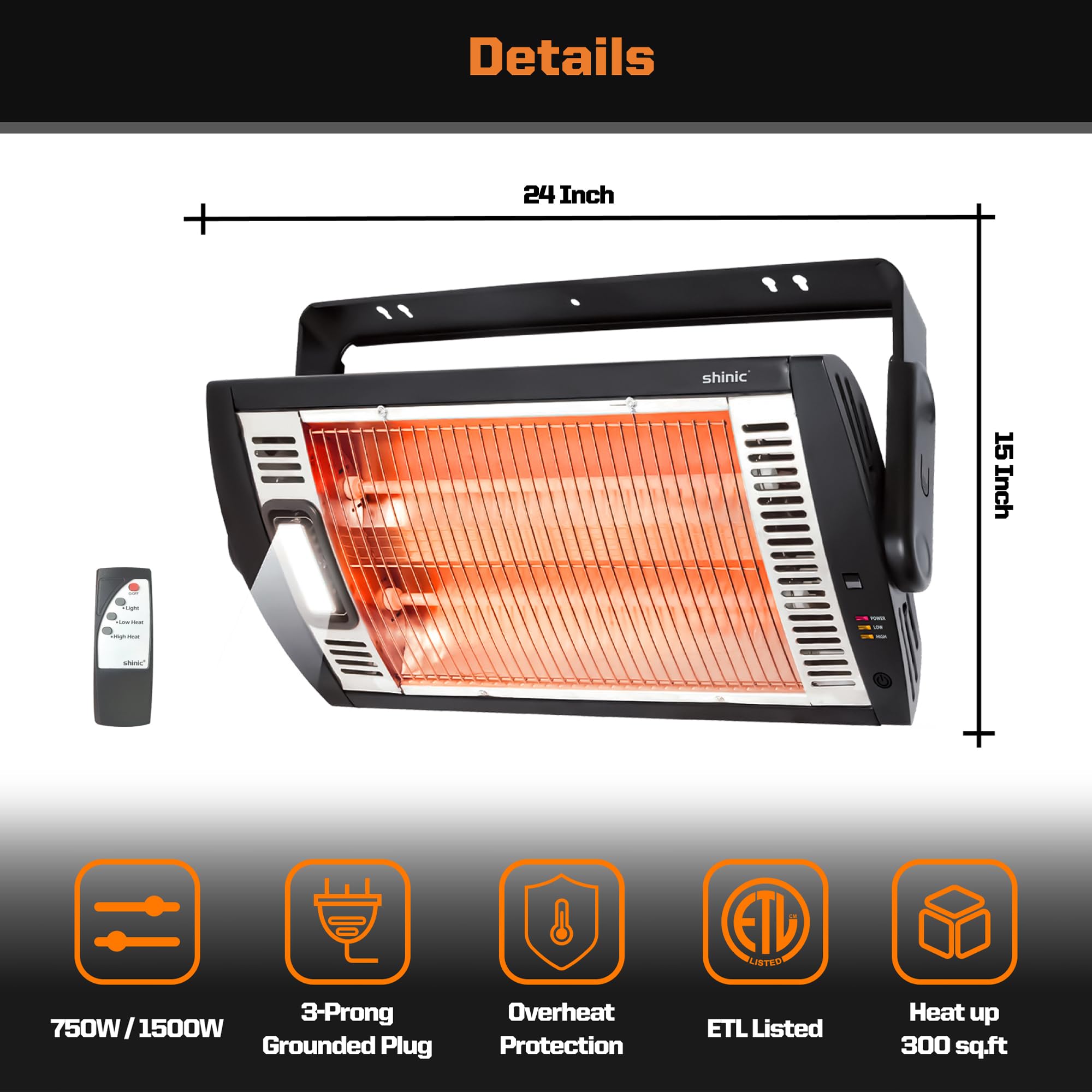 Shinic ceiling mounted radiant quartz heater 750w