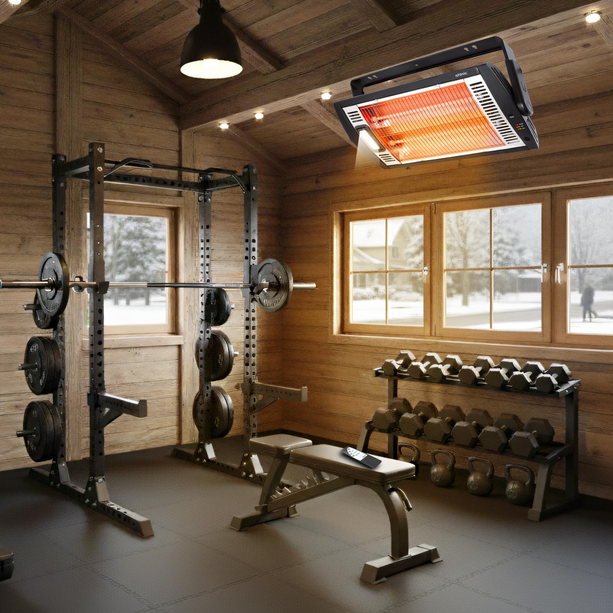 Shinic electric garage heater in workshop setting