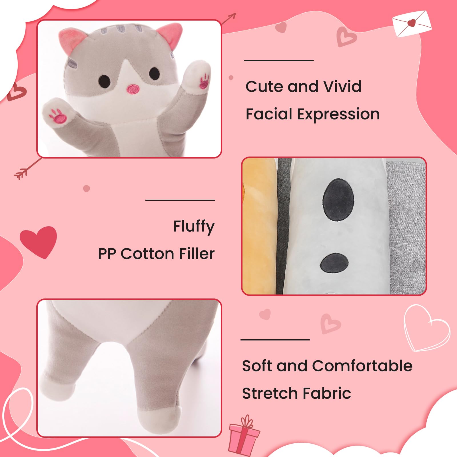SHINUOER kawaii cat plushie pink long pillow close up