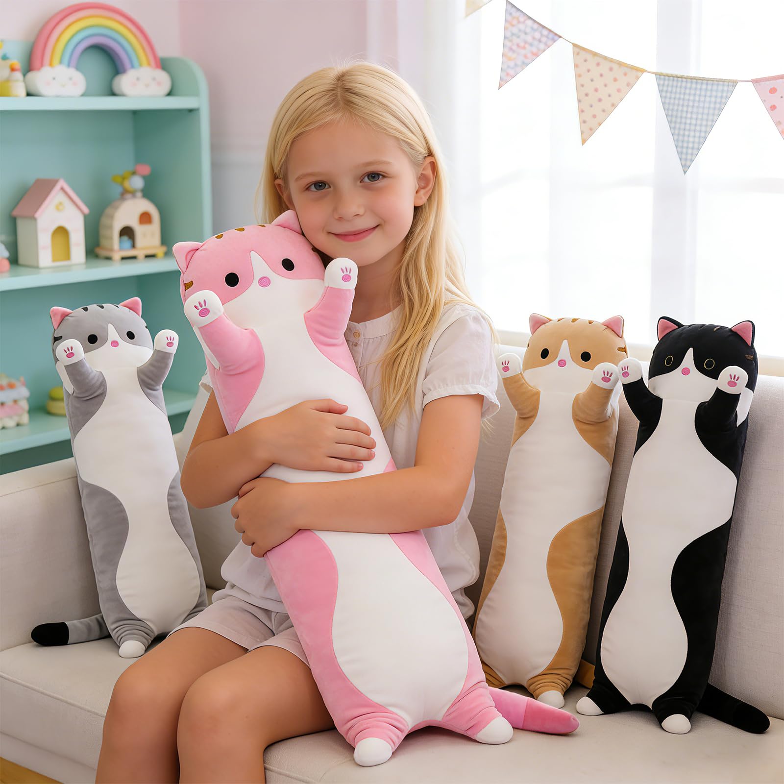 Pink SHINUOER cat plush long body pillow product packaging