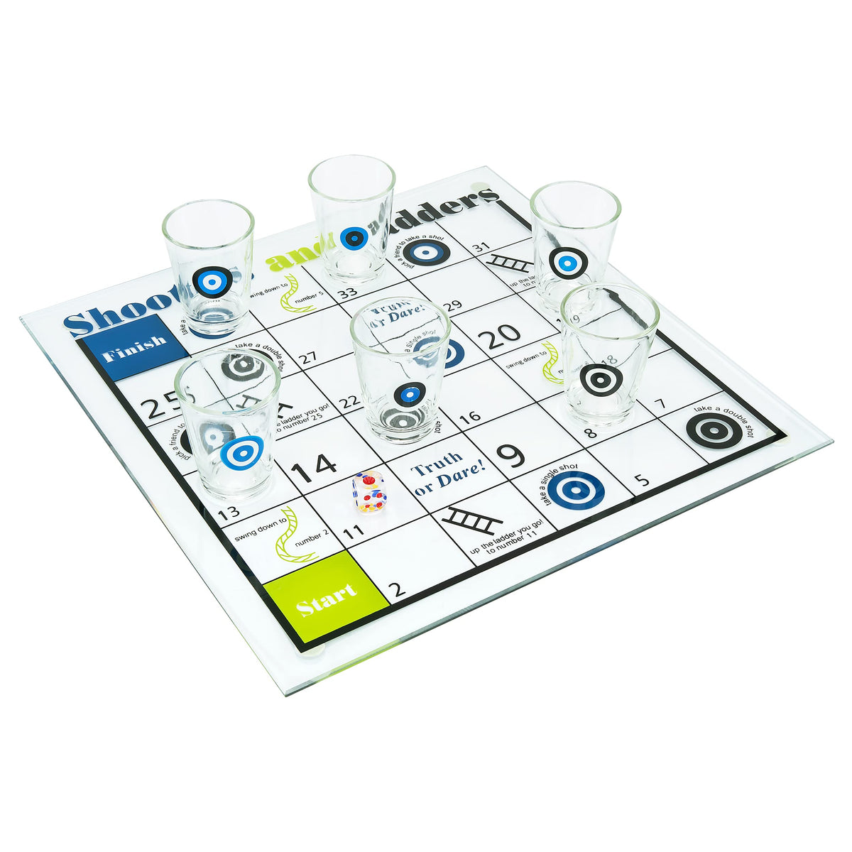 Shooters & Ladders Drinking Game glass game board with markers by Fairly Odd Novelties