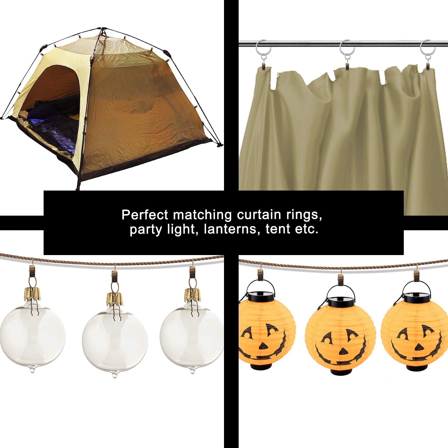 String lights hanging with gold curtain clips