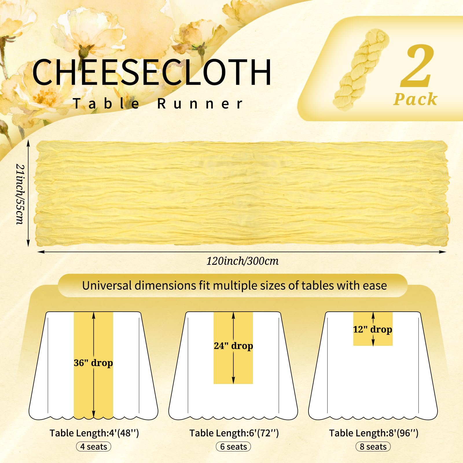 Two piece light yellow cheesecloth runners for decor
