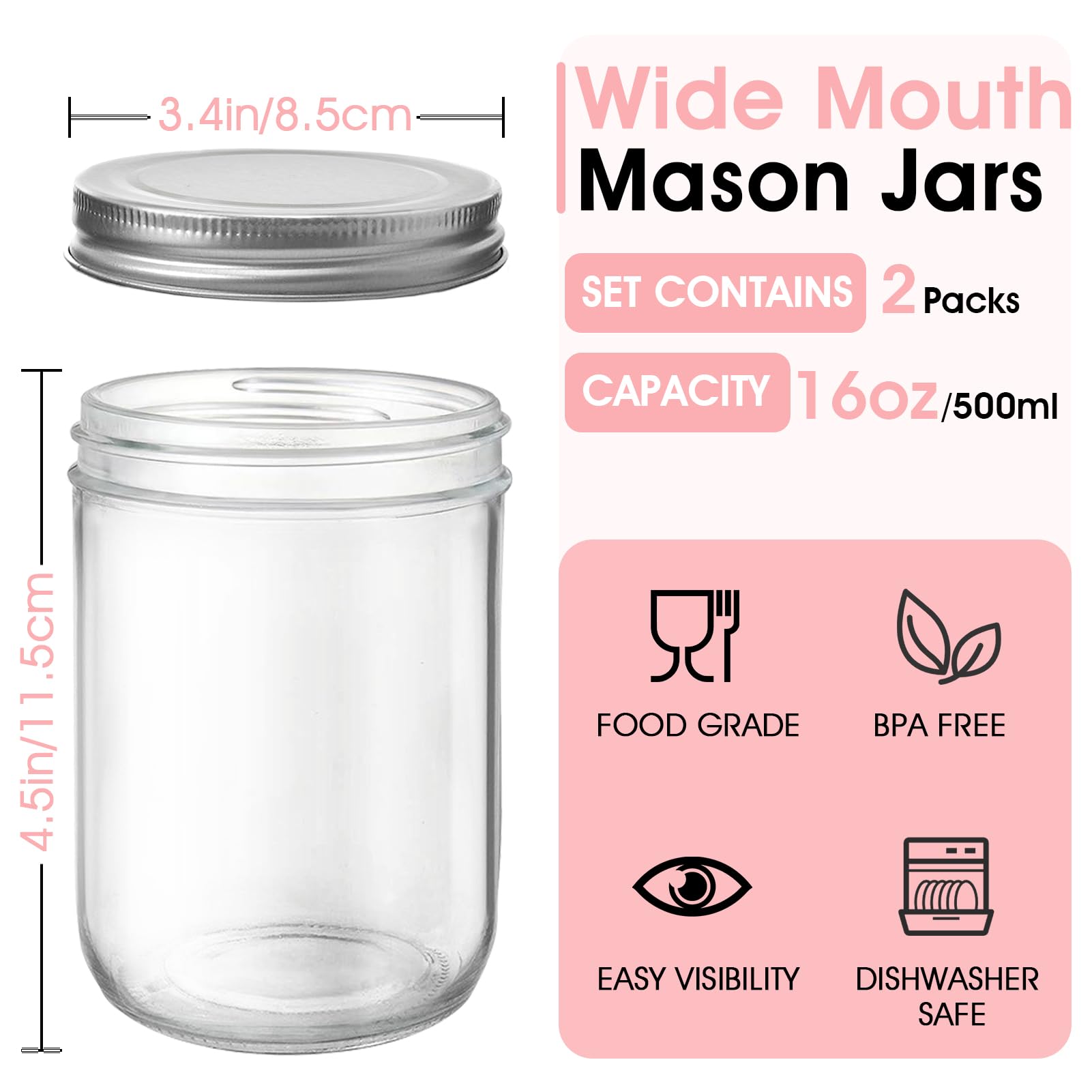 Wide mouth 16oz glass canning jars with airtight lids