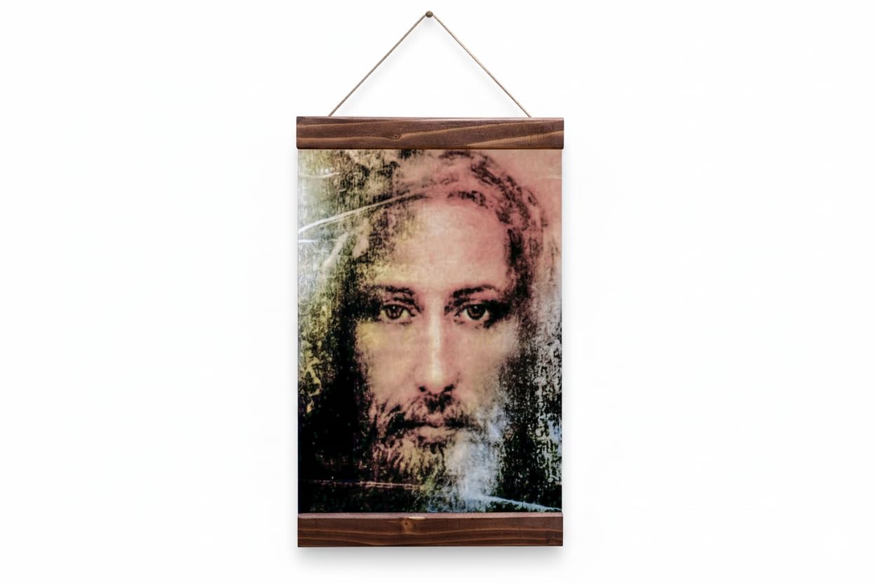 Shroud of Turin canvas print in brown wood frame