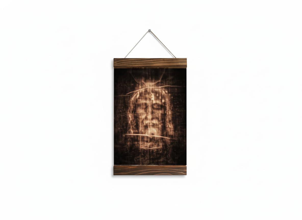 Shroud of Turin holy linen wood framed canvas print close up in compact small size