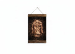 Shroud of Turin holy linen wood framed canvas print close up in compact small size