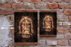 Compact small Shroud of Turin canvas print shown in wood frame 8.7x11.8 inches