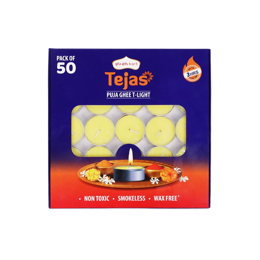 Shubhkart Tejas Premium Ghee T-Light Candles 50 pack with metal cup