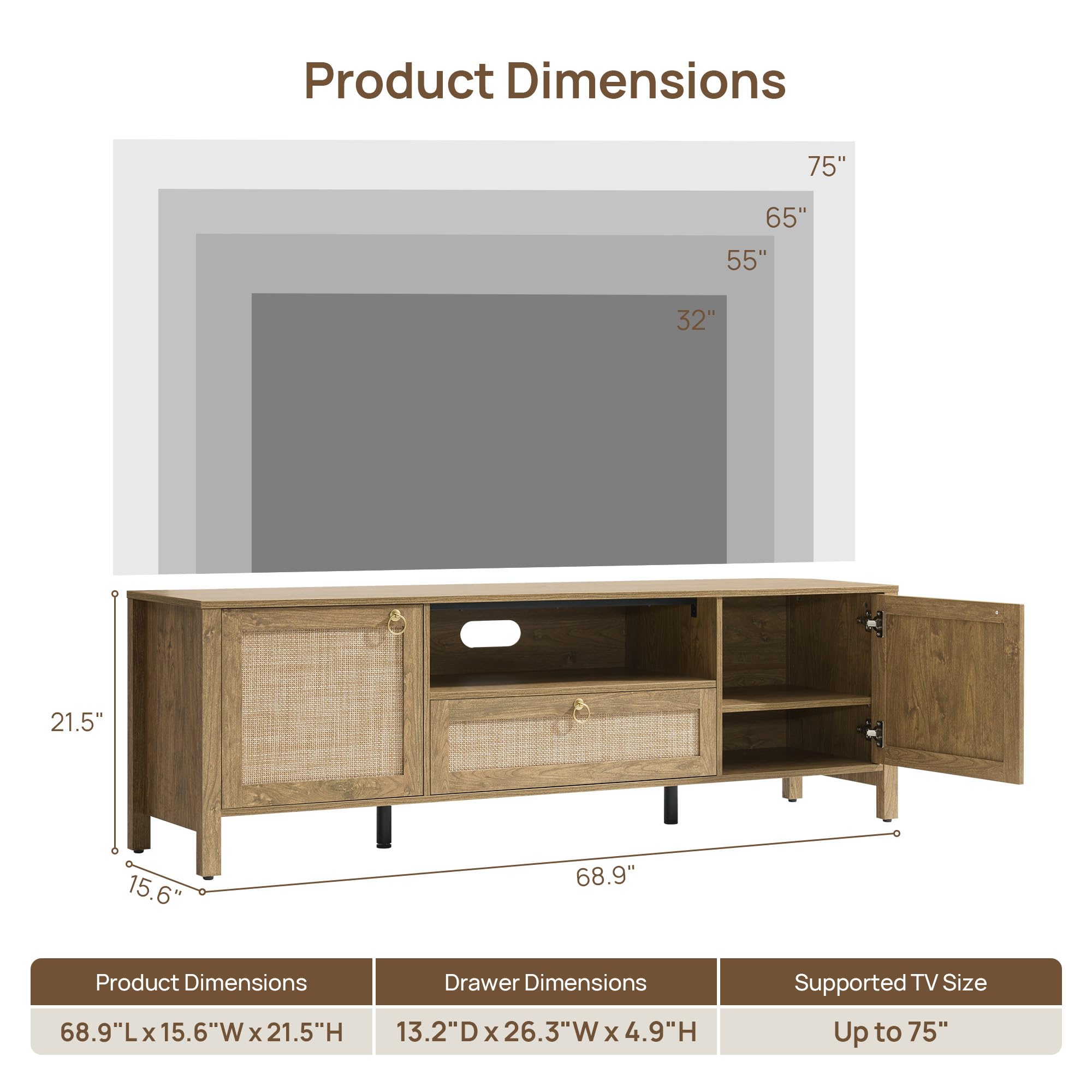 SICOTAS Rattan TV Stand with Storage dual side cabinets detail