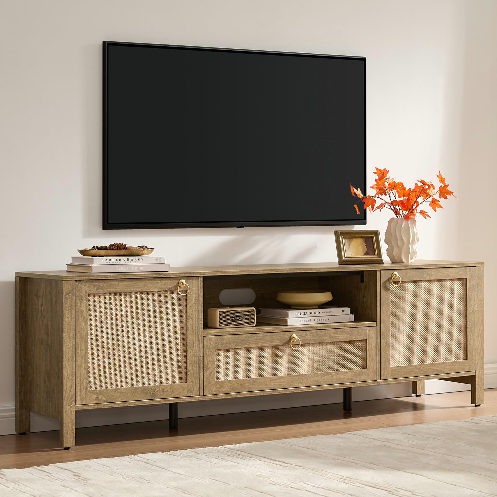 SICOTAS 69 inch Rattan TV Stand with Storage for Living Room front view