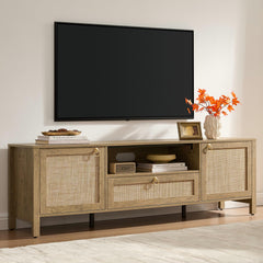 SICOTAS 69 inch Rattan TV Stand with Storage for Living Room front view