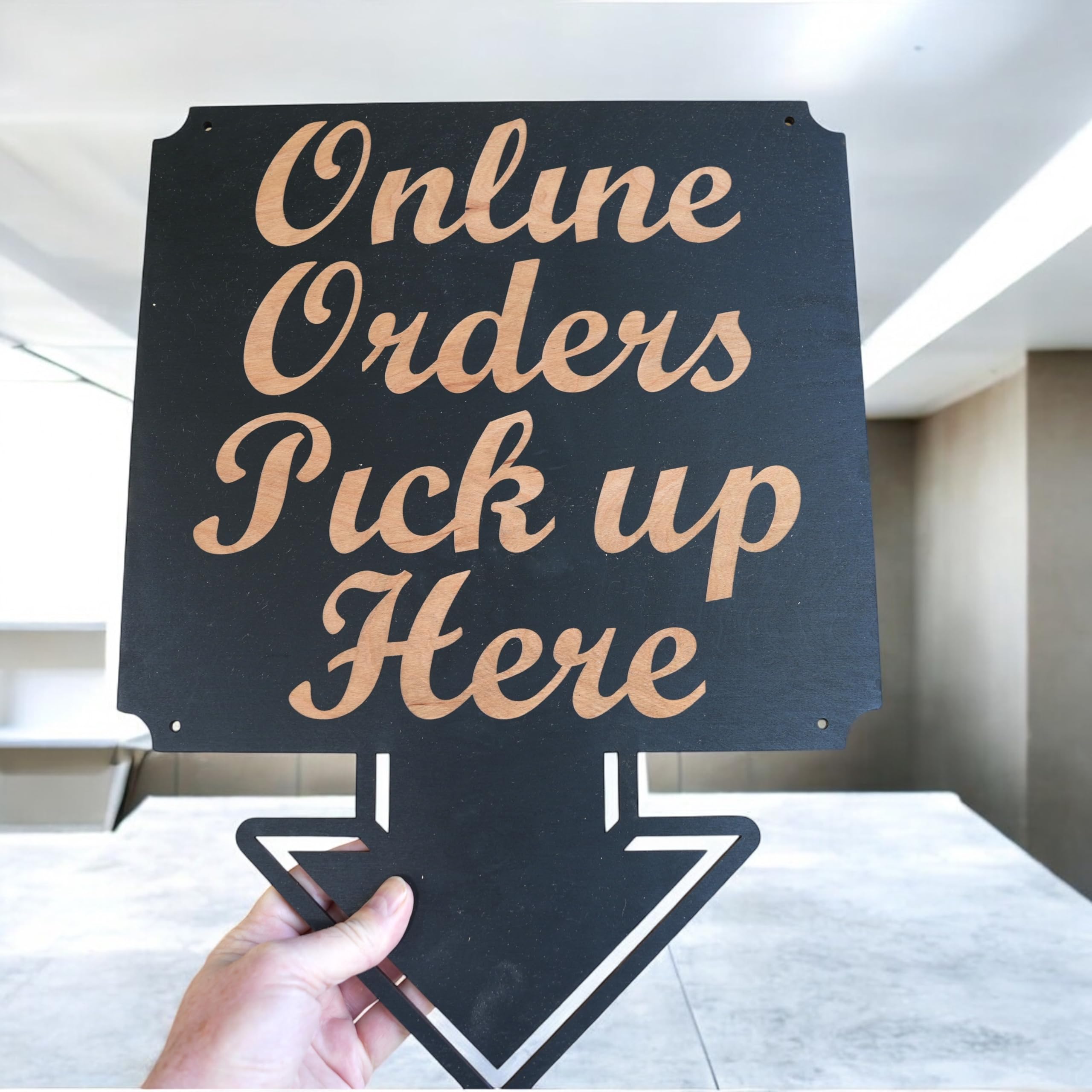 13x17 black wood sign with laser engraved lettering packaging