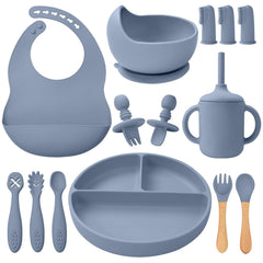 Silicone baby feeding set 14 pieces blue gray with suction plate and bowl