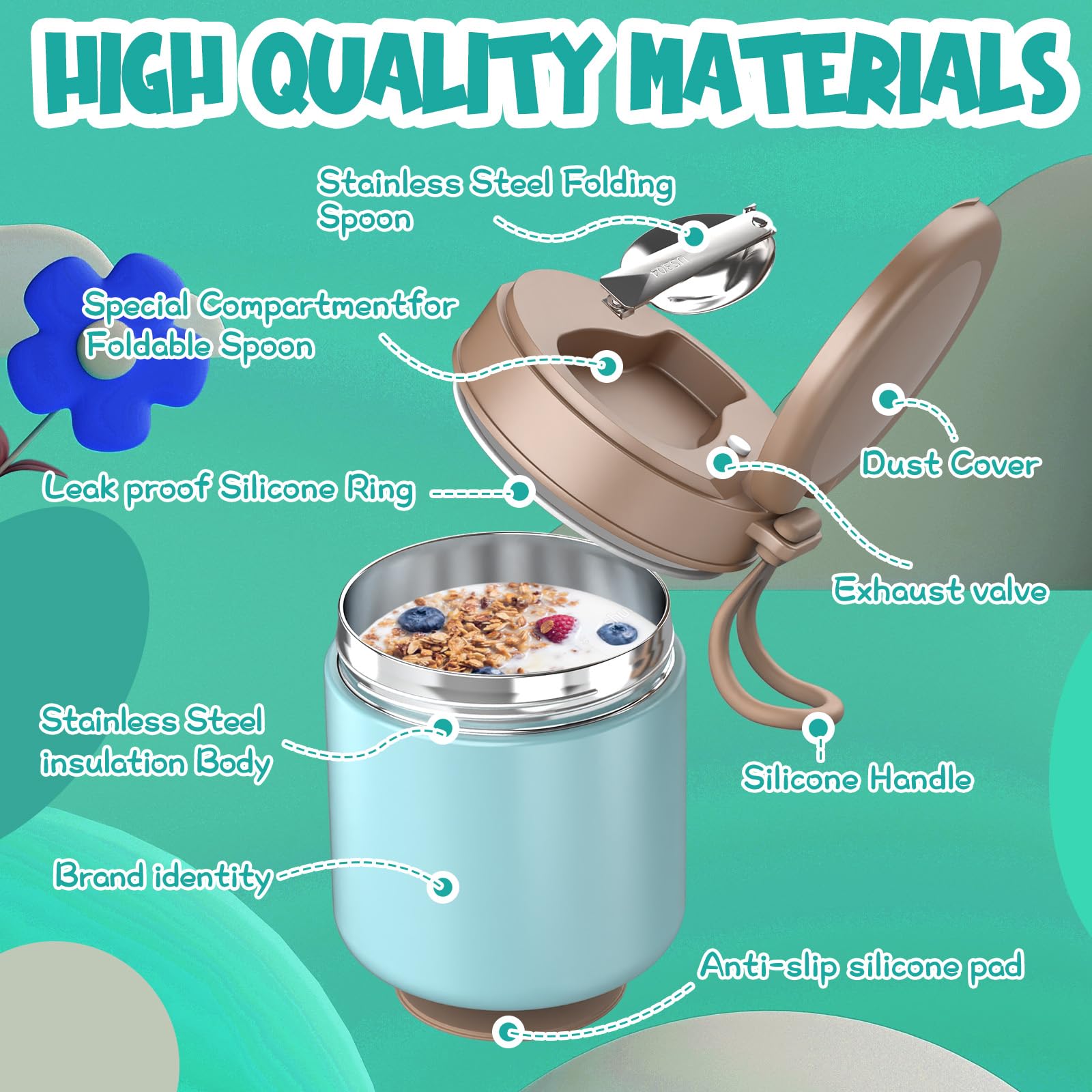 Leakproof lunch container with silicone seal and silicone handle