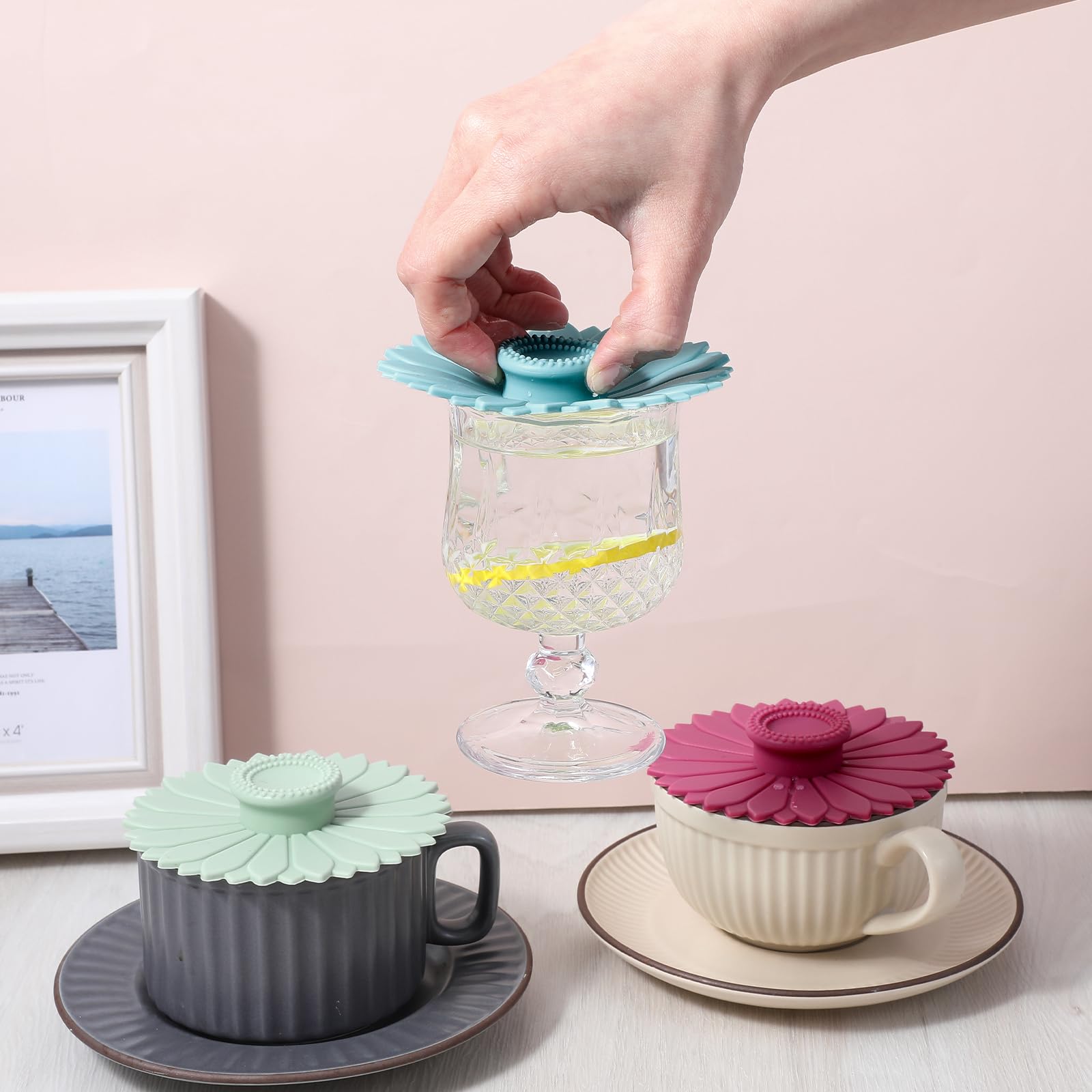 Three piece set of silicone mug lids for cups