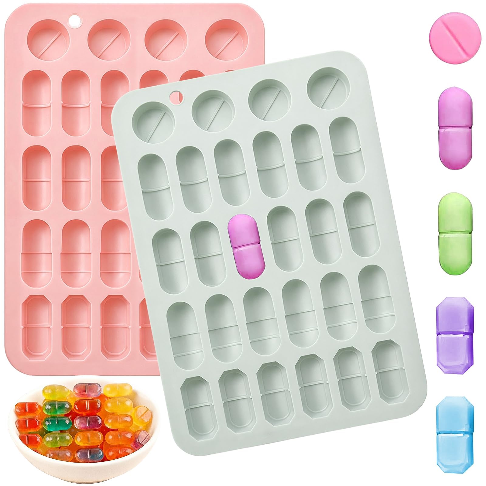 Blue and Pink 2-pack capsule-shaped silicone pill molds with 28 capsule cavities