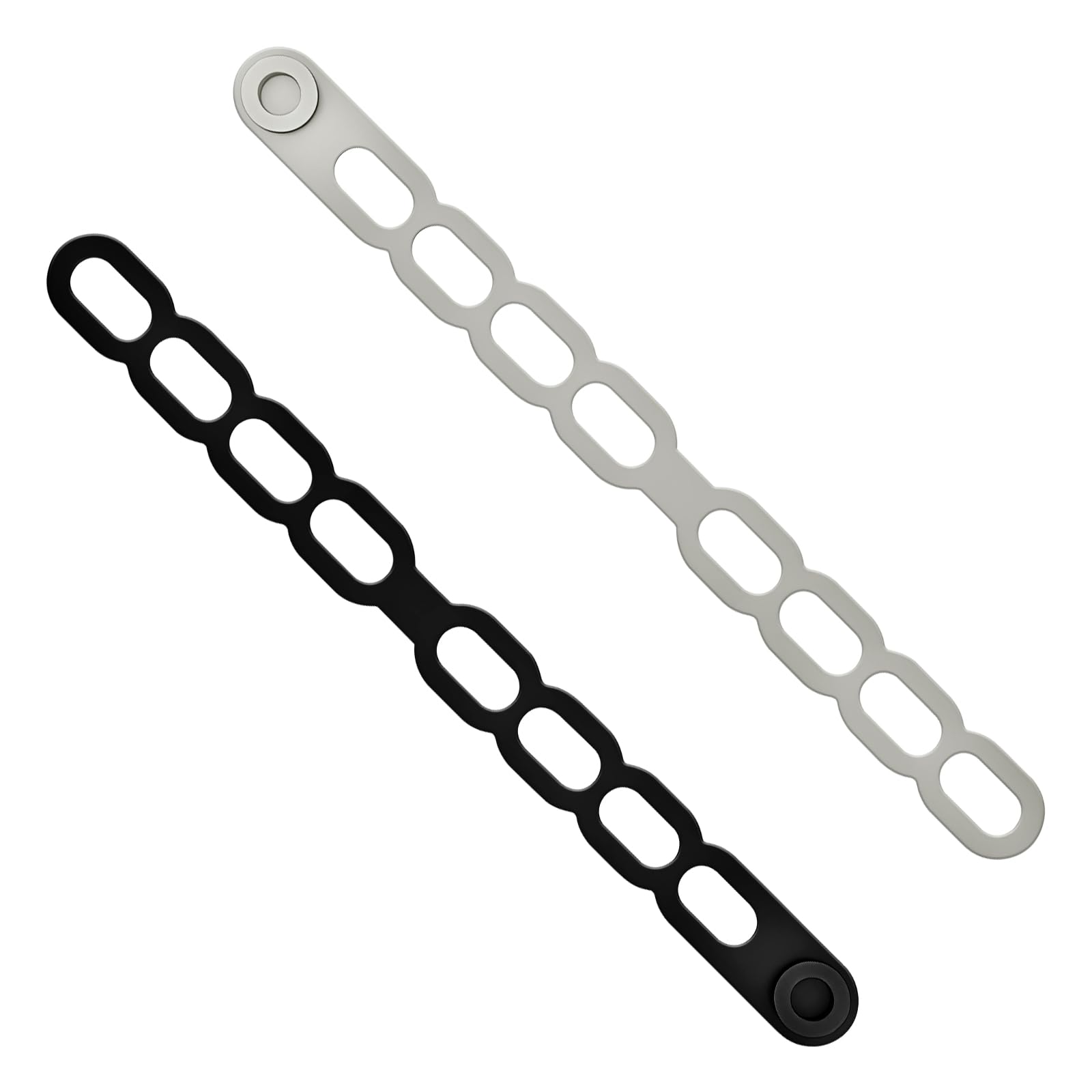 Two silicone pot cover fixing straps in black and gray
