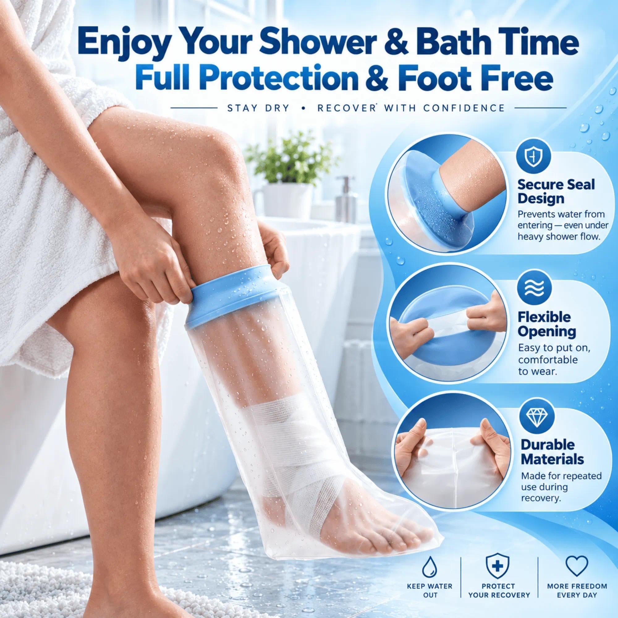 One hand easy slip on foot cast cover for shower