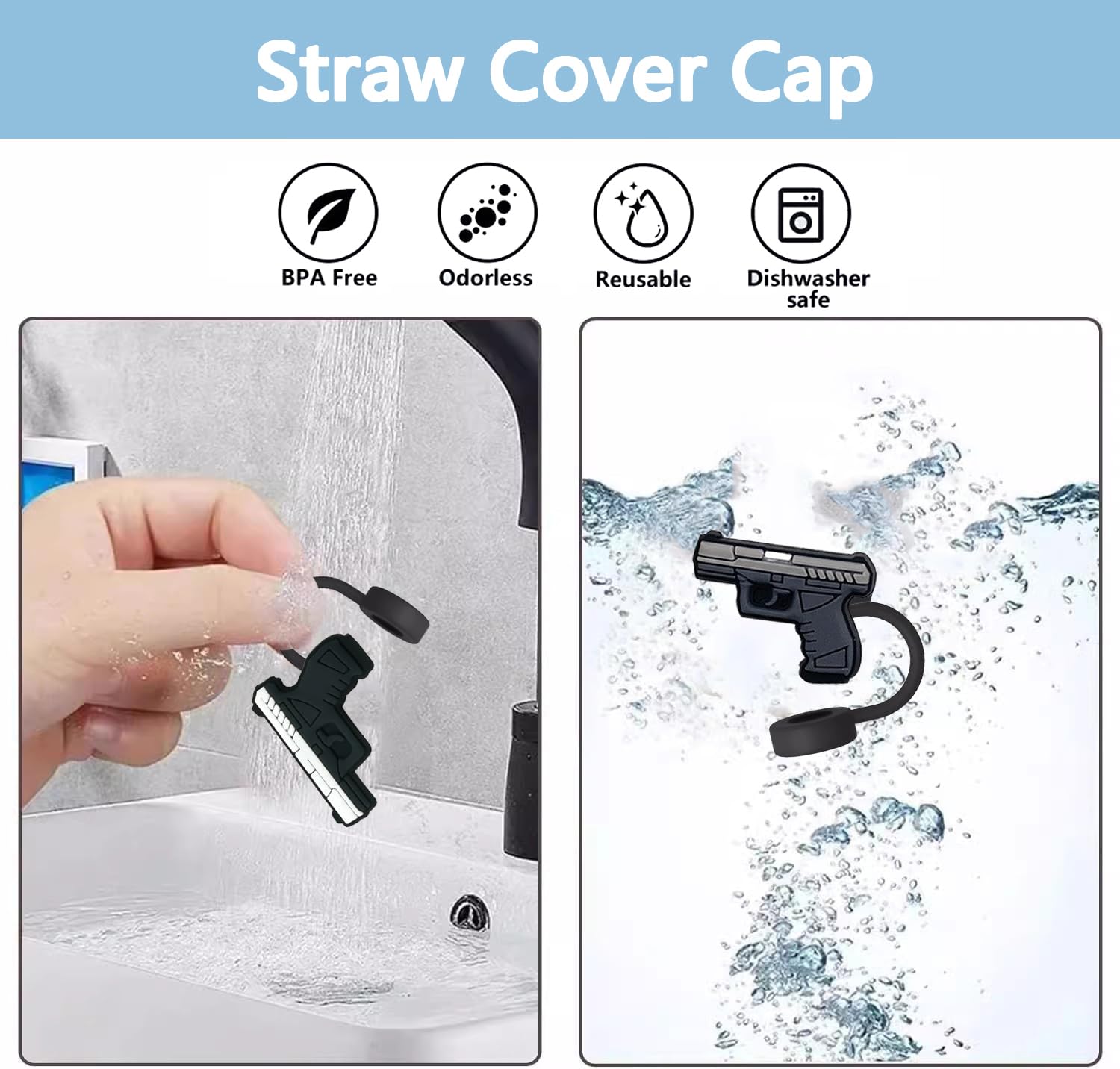 Reusable dishwasher-safe silicone straw toppers for hot and cold drinks