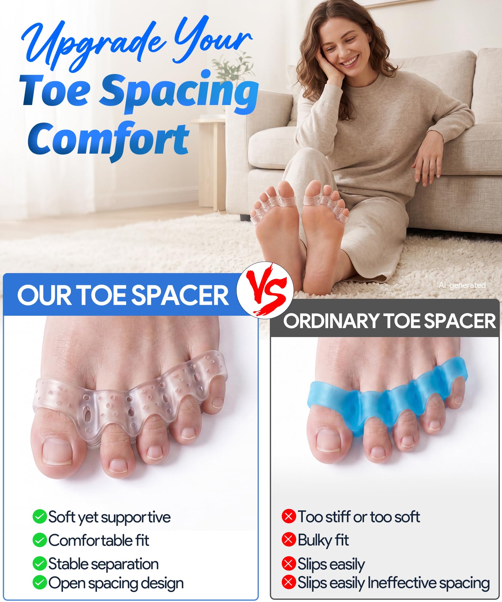 Includes 2 clear silicone toe spacers