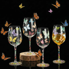 SiliFine butterfly hand painted wine glass set of 4 with long stems