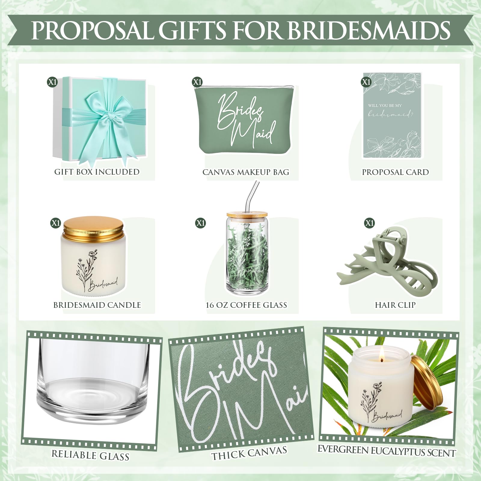 Bridesmaid canvas cosmetic bag with white zipper sage green theme