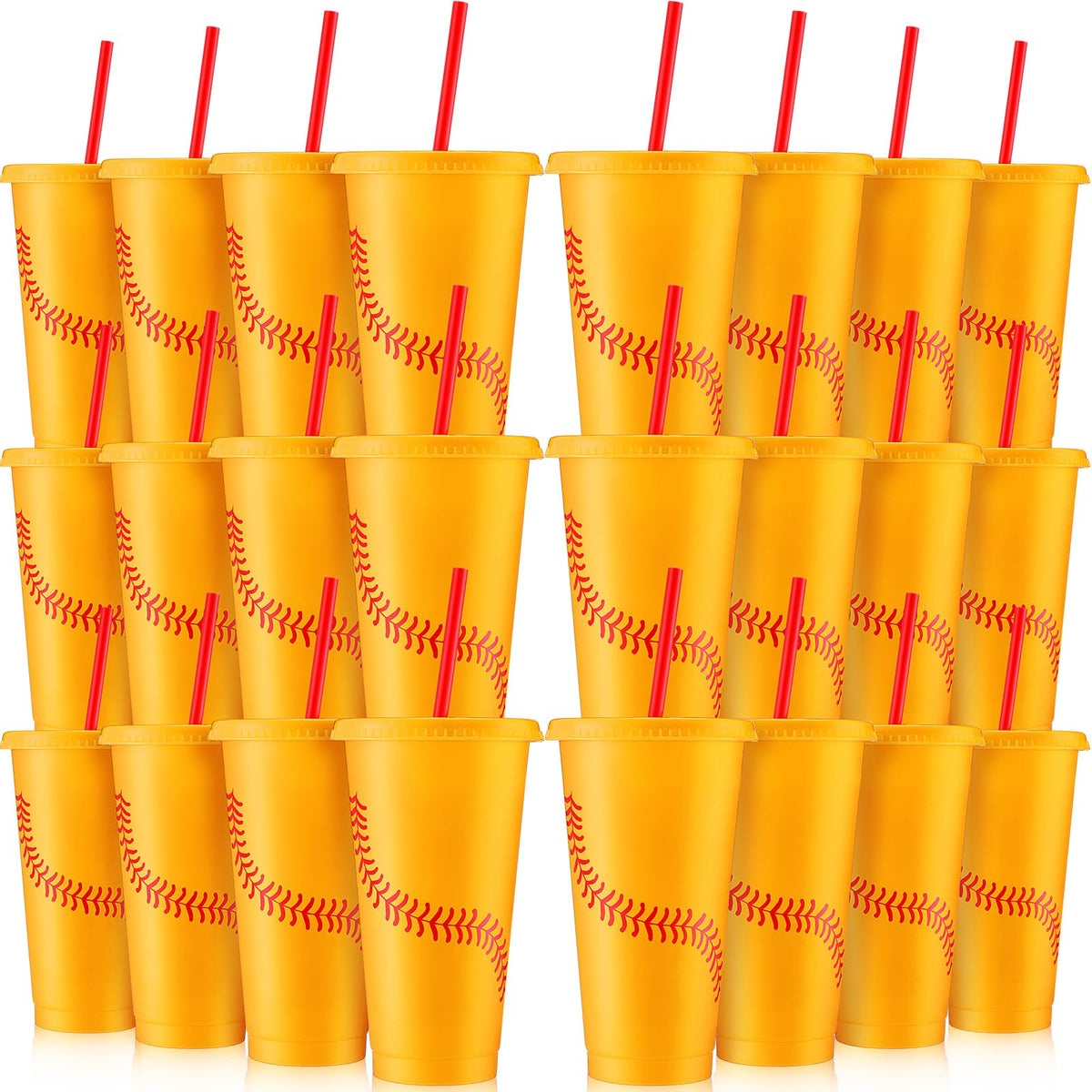 SiliFine softball cups 24oz with lids and straws in yellow and red