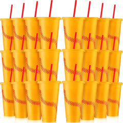 SiliFine softball cups 24oz with lids and straws in yellow and red