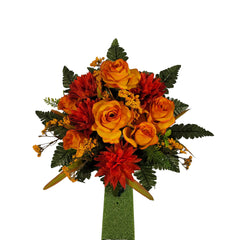 Orange roses and mums silk grave flowers for headstone decorating
