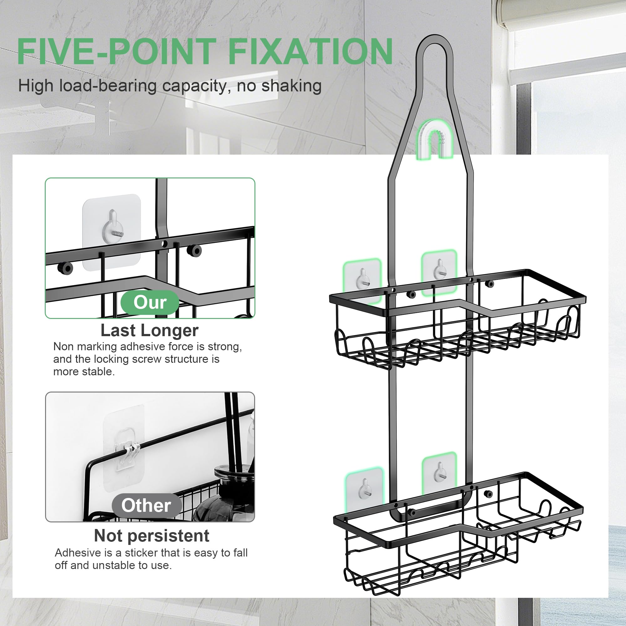 Rustproof two-tier shower organizer design with space for products