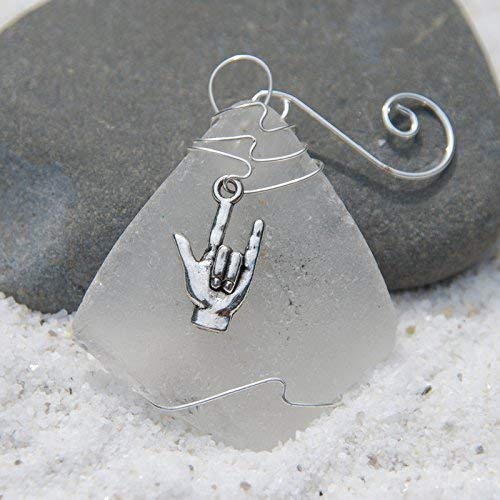 Silver ASL I Love You charm on sea glass ornament