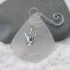 Silver ASL I Love You charm on sea glass ornament