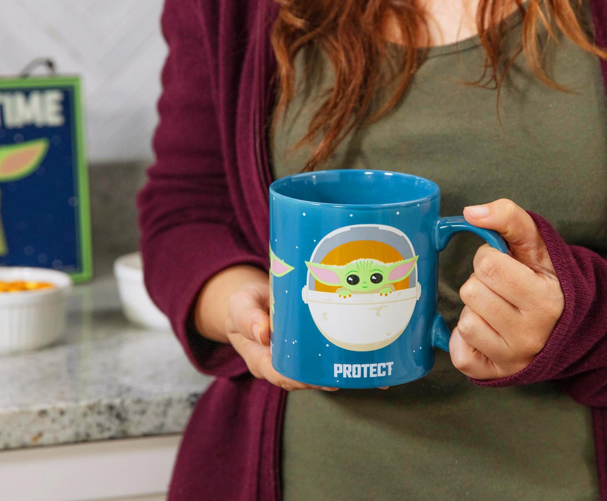 Snack Attack Protect Baby Yoda mug blue design