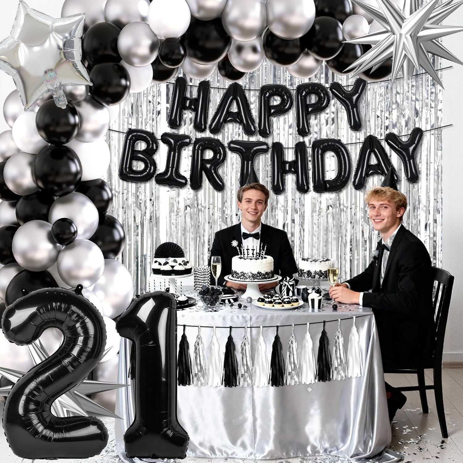 12 inch black and silver balloons plus four silver confetti balloons