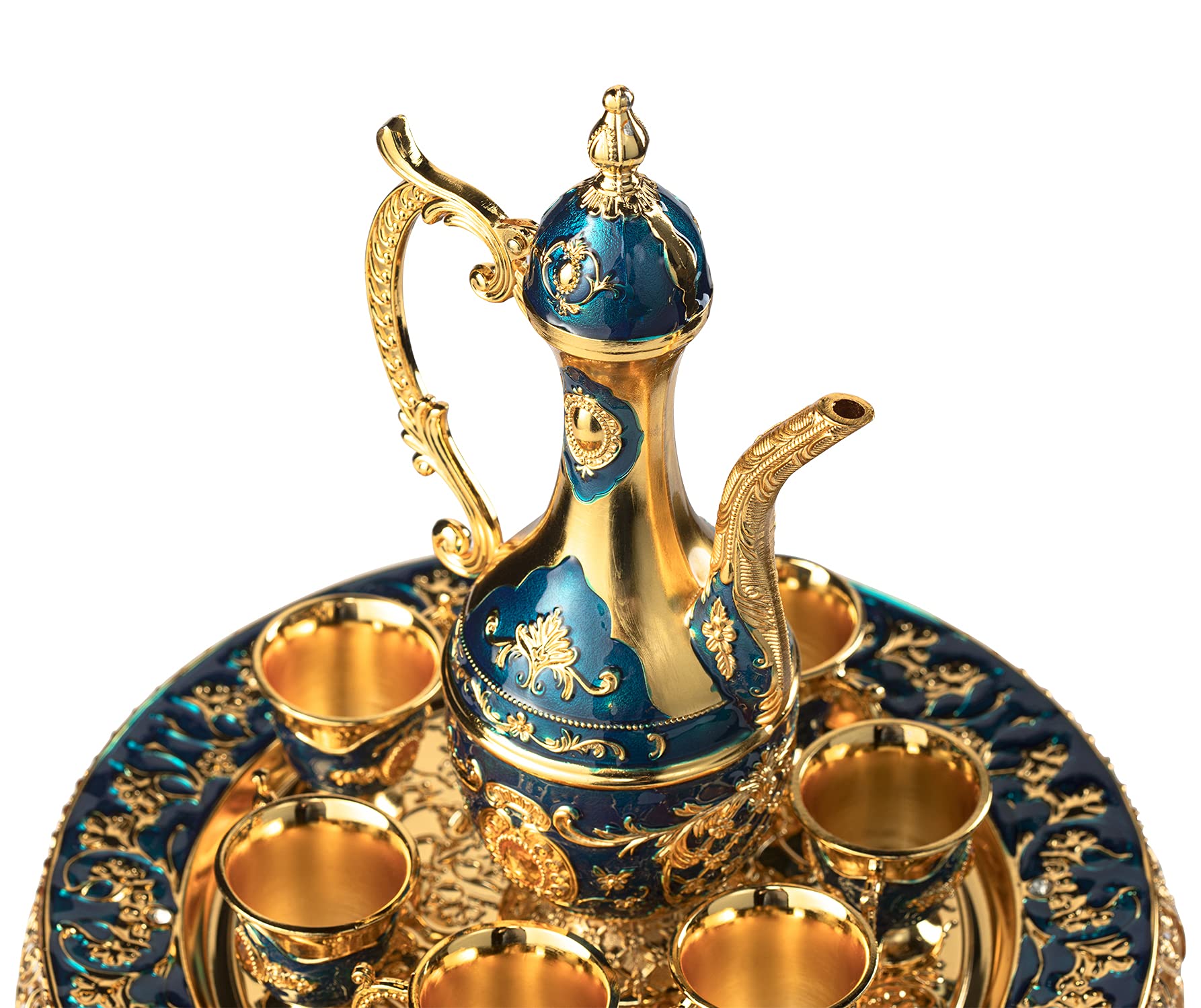 Silver finish and crystal inserts on teapot and tray